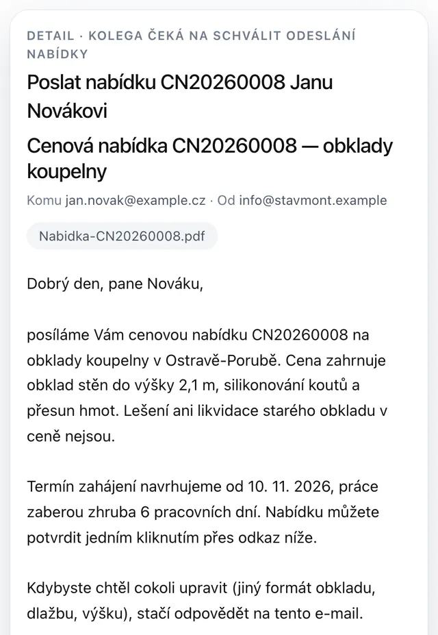 Hotová cenová nabídka na obklady koupelny: asistent připravil e-mail s PDF a čeká, až odeslání schválíte.