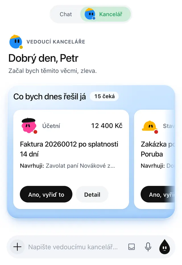 Úvodní přehled Kanceláře: pozdrav a seznam toho, co dnes řešit, například faktura po splatnosti s tlačítky Ano, vyřiď to a Detail.